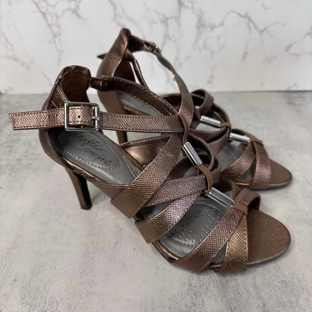 Dexflex Comfort Heels Womens Bronze US Sz 6W Strappy Sandals Faux Leather Party